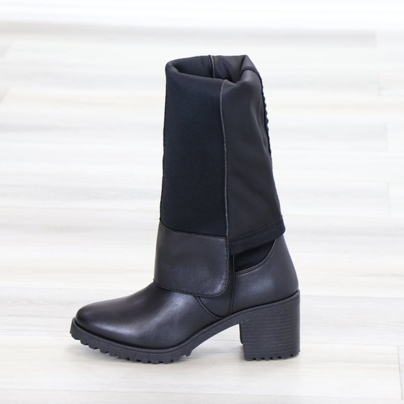 Black Over The Knee Boot Chunky Lug Heel Faux Dual Leather And Stretchy Material - Picture 14 of 15